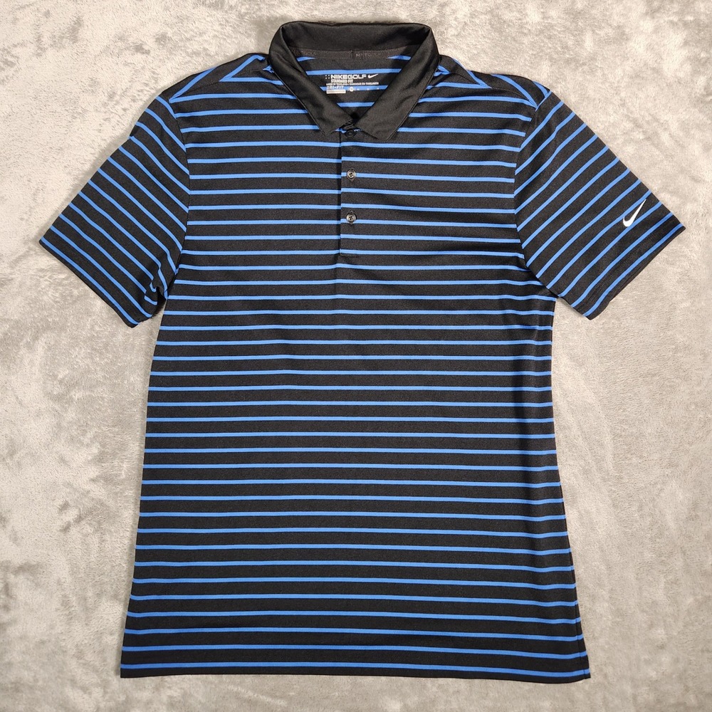 Nike Golf Polo Shirt Men's Medium Black Blue Striped Dri-FIT 725531-480 Standard